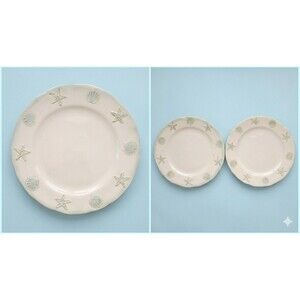 4 Home Studio SHORELINE Dinner Plates Set 11" Round Ocean Blue Aqua Sea Shells